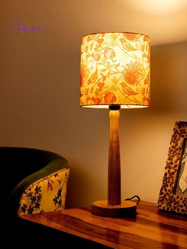 Wooden Brown Table Lamp With Birdy Shade