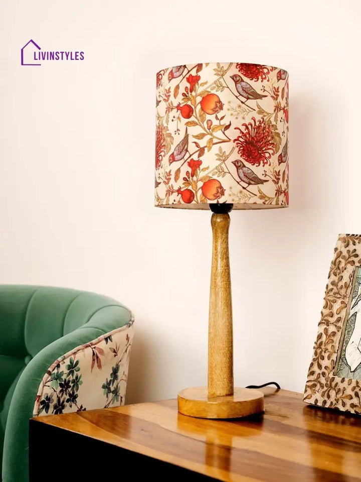 Wooden Brown Table Lamp With Birdy Shade