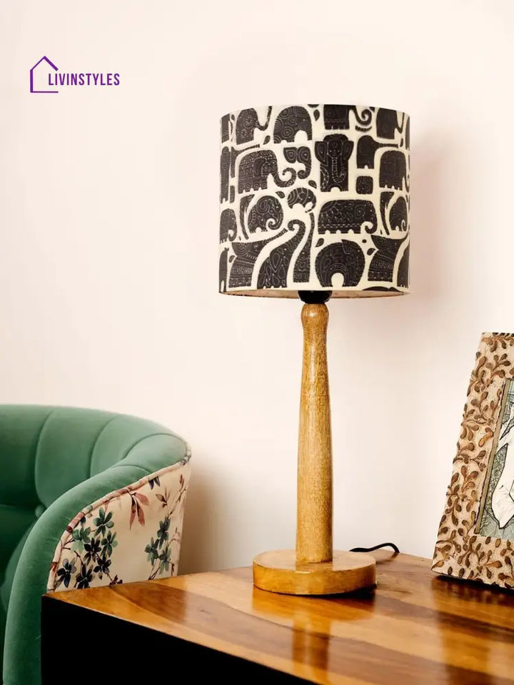 Wooden Brown Table Lamp With Black Elephant Shade