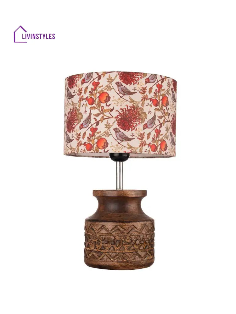 Wooden Carved Lamp With Birdy Multicolor Shade