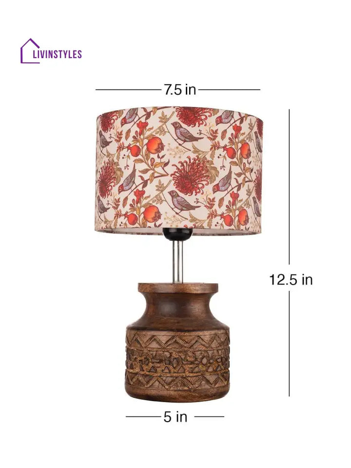 Wooden Carved Lamp With Birdy Multicolor Shade