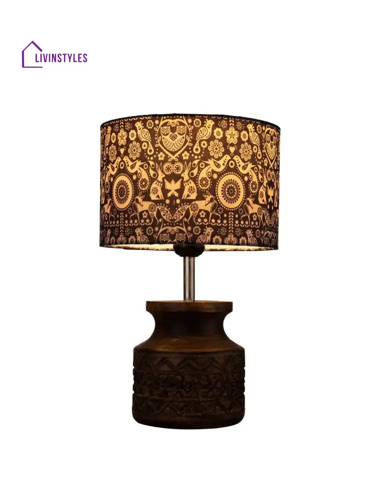 Wooden Carved Lamp With Indian Art Multicolor Shade