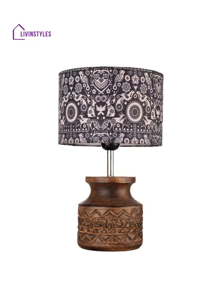 Wooden Carved Lamp With Indian Art Multicolor Shade