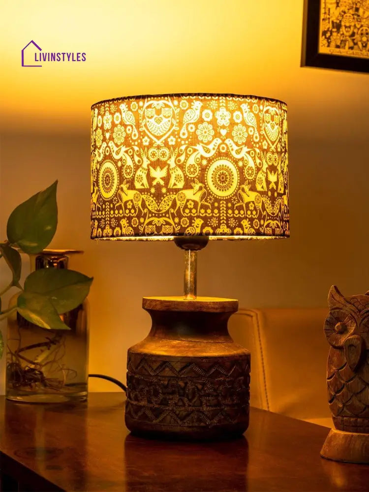 Wooden Carved Lamp With Indian Art Multicolor Shade