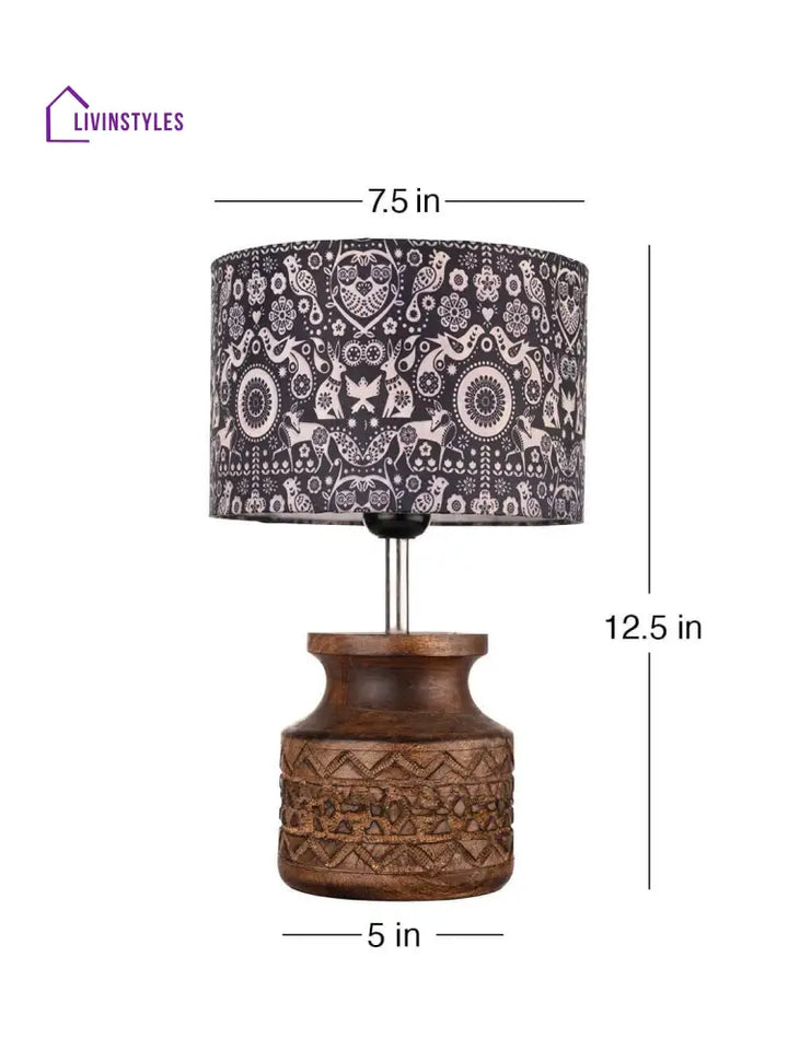 Wooden Carved Lamp With Indian Art Multicolor Shade