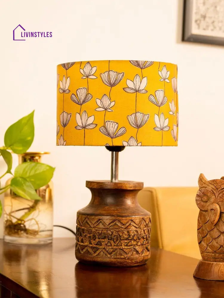 Wooden Carved Lamp With Mustard Flora Multicolor Shade