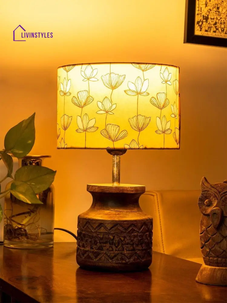 Wooden Carved Lamp With Mustard Flora Multicolor Shade