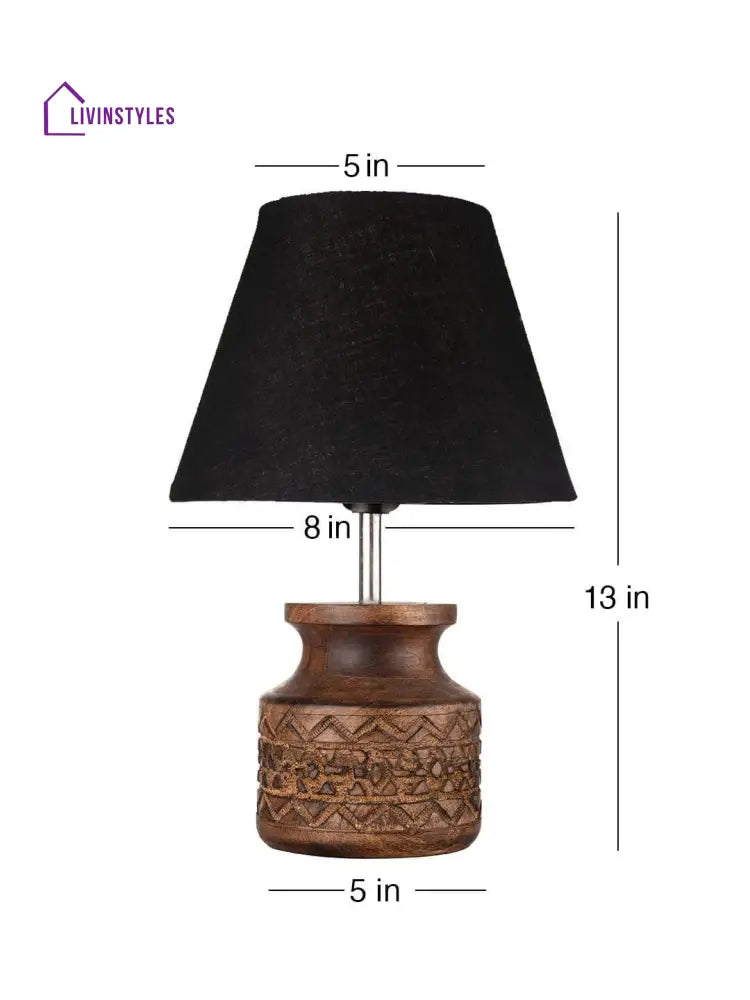 Wooden Carved Lamp With Taper Cotton Black Shade