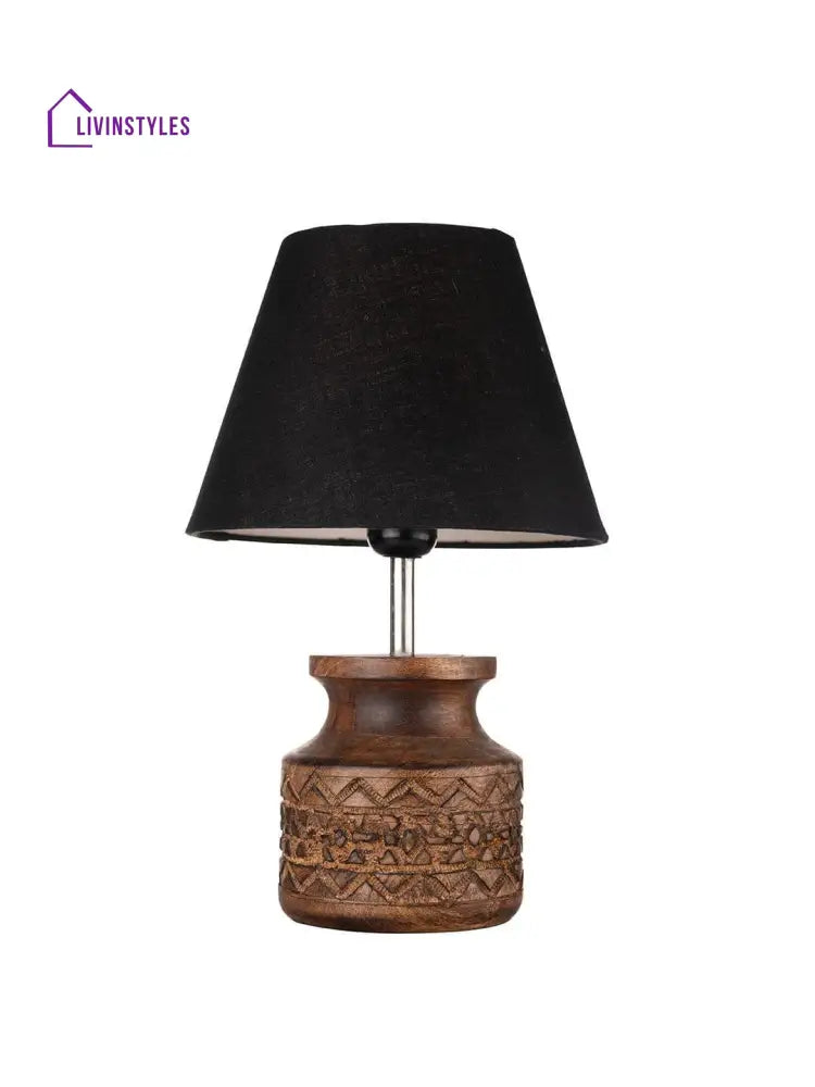 Wooden Carved Lamp With Taper Cotton Black Shade