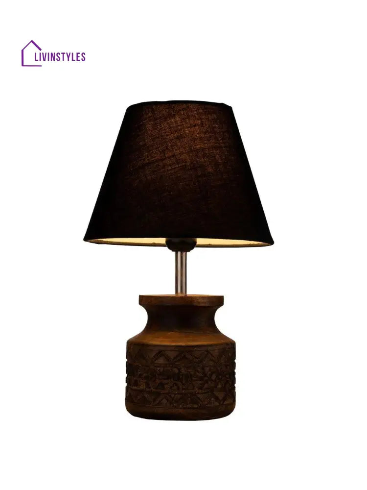 Wooden Carved Lamp With Taper Cotton Black Shade