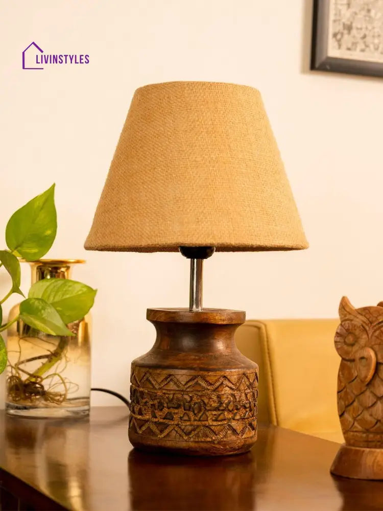 Wooden Carved Lamp With Taper Jute Brown Shade