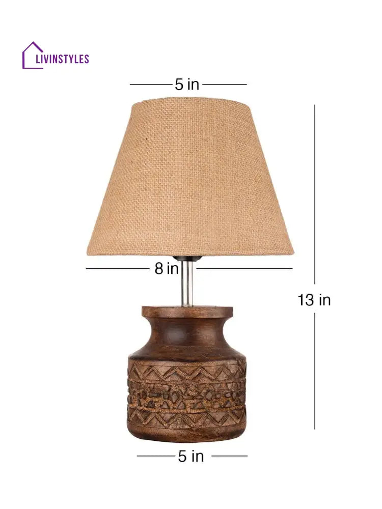 Wooden Carved Lamp With Taper Jute Brown Shade