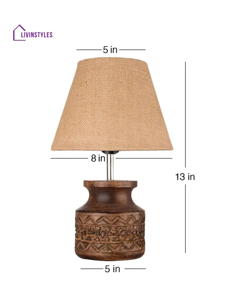 Wooden Carved Lamp With Taper Jute Brown Shade