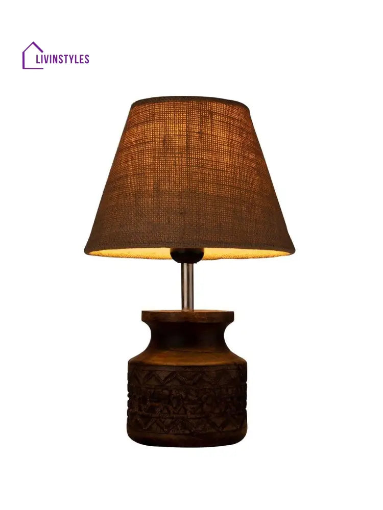 Wooden Carved Lamp With Taper Jute Brown Shade