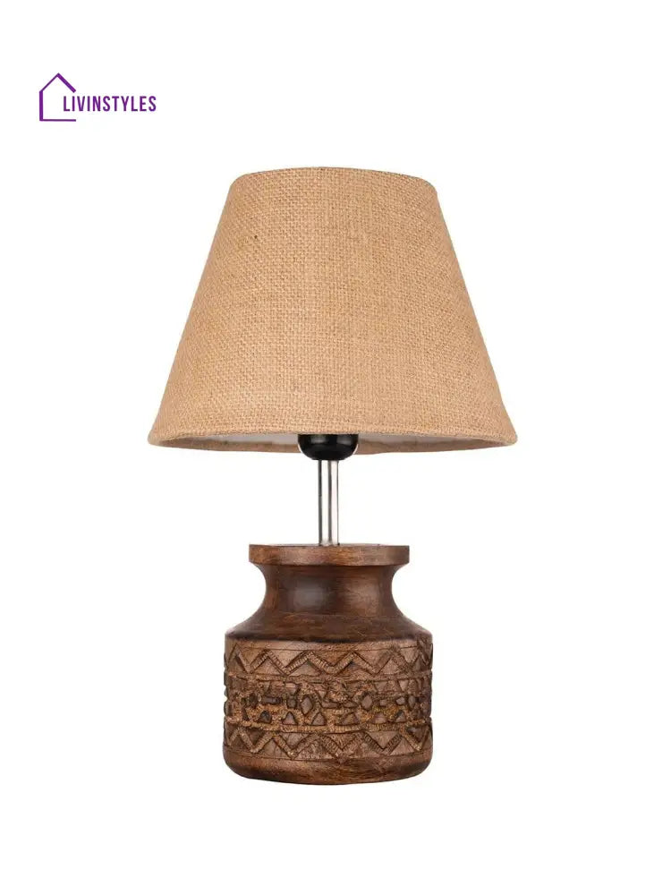 Wooden Carved Lamp With Taper Jute Brown Shade