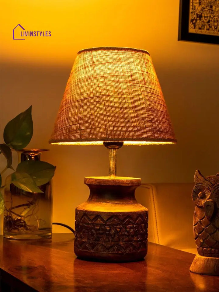 Wooden Carved Lamp With Taper Jute Brown Shade