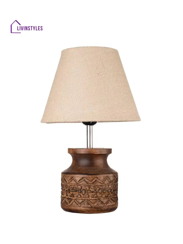 Wooden Carved Lamp With Taper Jute White Shade