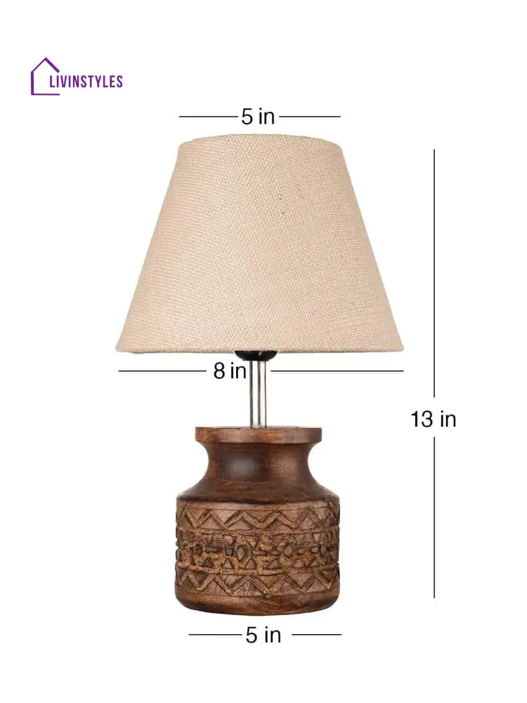 Wooden Carved Lamp With Taper Jute White Shade