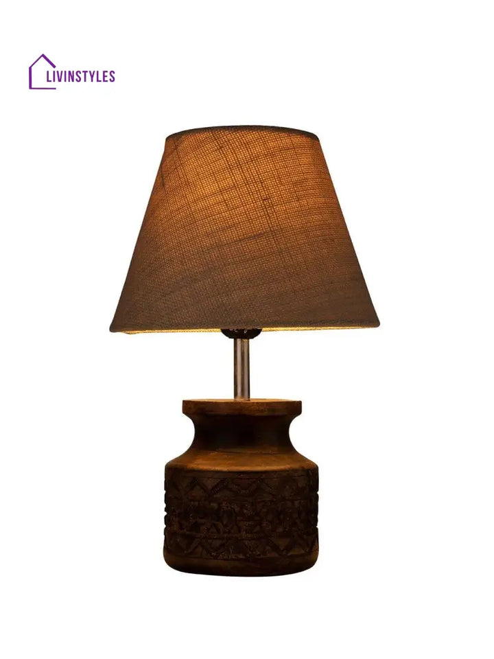 Wooden Carved Lamp With Taper Jute White Shade