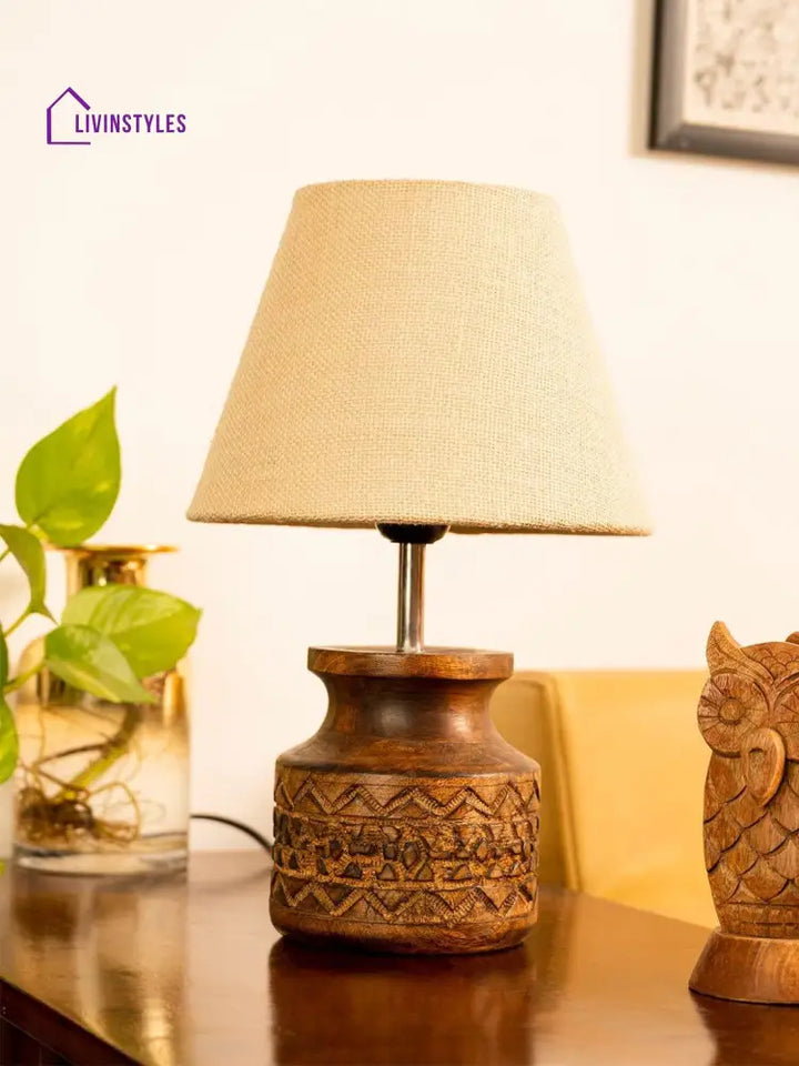 Wooden Carved Lamp With Taper Jute White Shade