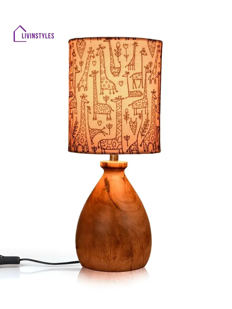 Wooden Dome Table Lamp Animal Printed Shade