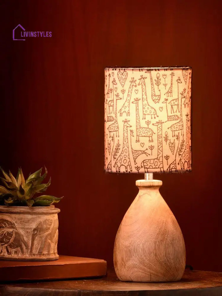 Wooden Dome Table Lamp Animal Printed Shade