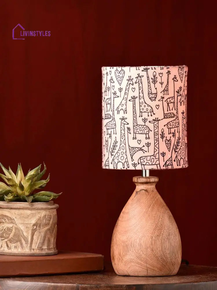 Wooden Dome Table Lamp Animal Printed Shade