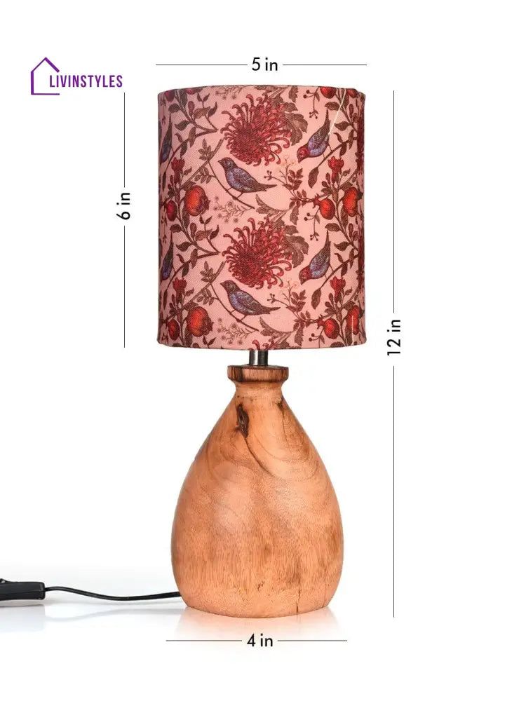 Wooden Dome Table Lamp Bird Printed Shade