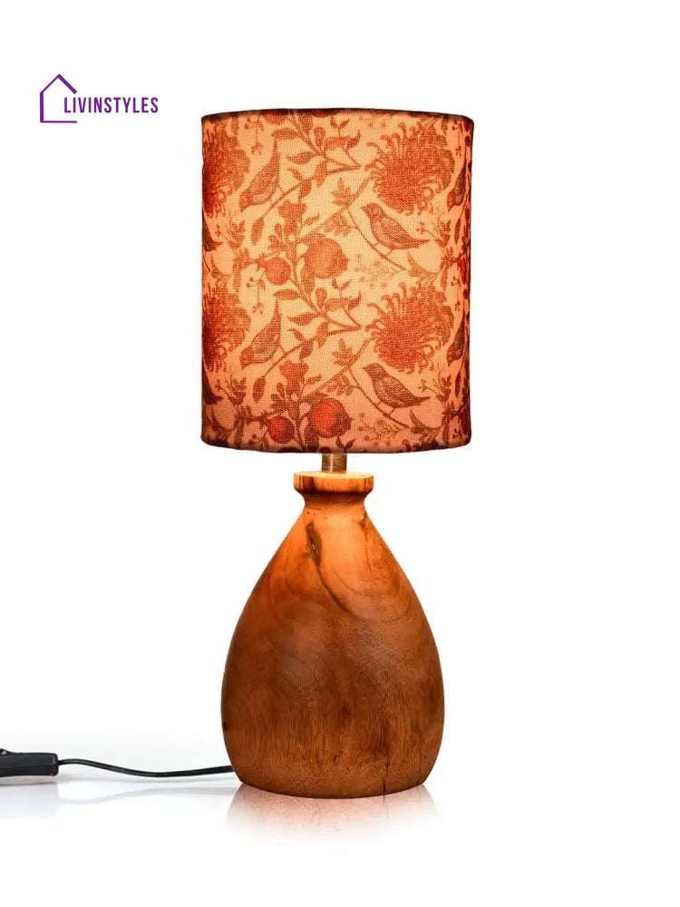 Wooden Dome Table Lamp Bird Printed Shade