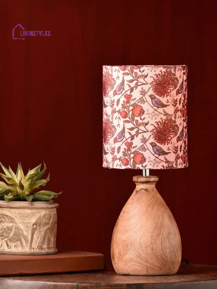 Wooden Dome Table Lamp Bird Printed Shade