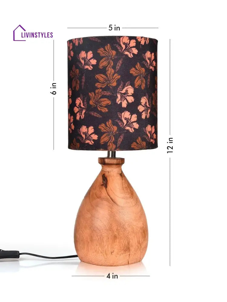 Wooden Dome Table Lamp Black Floral Shade