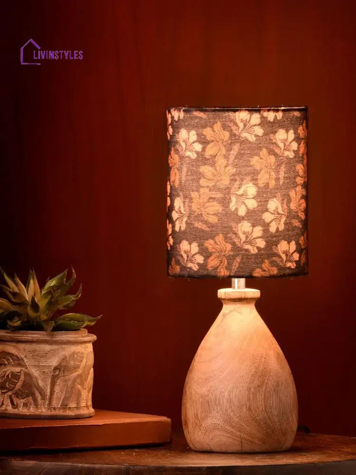 Wooden Dome Table Lamp Black Floral Shade