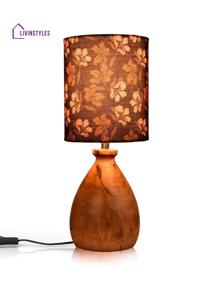 Wooden Dome Table Lamp Black Floral Shade