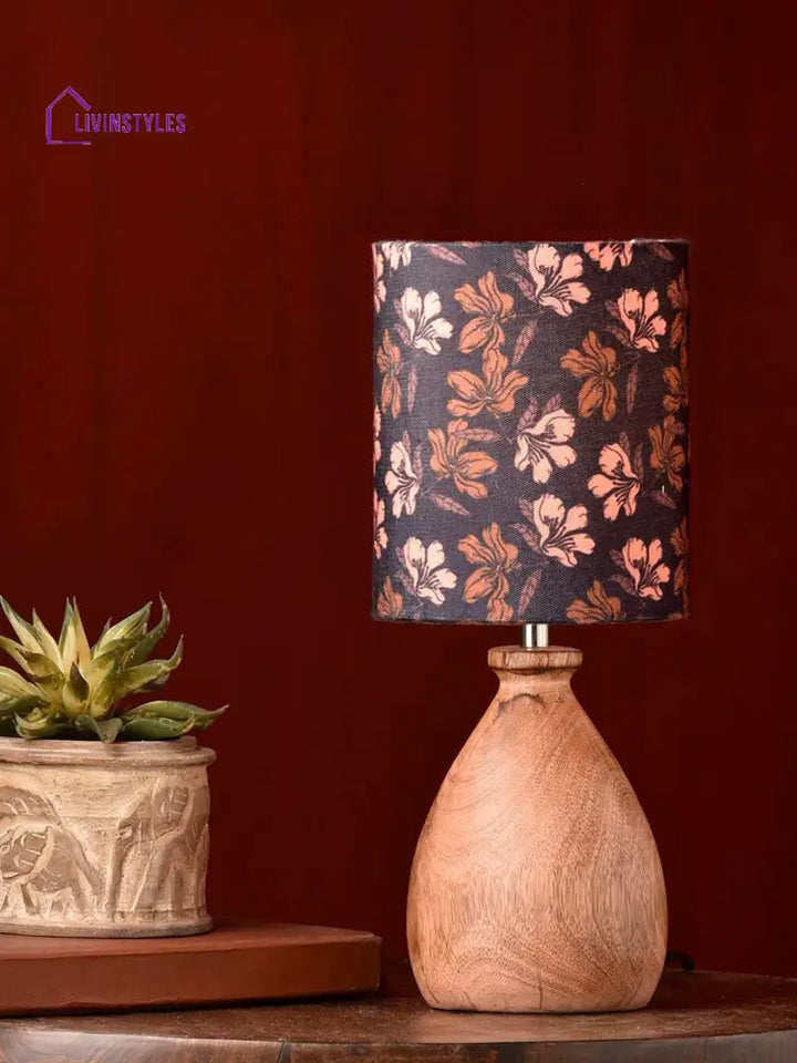 Wooden Dome Table Lamp Black Floral Shade