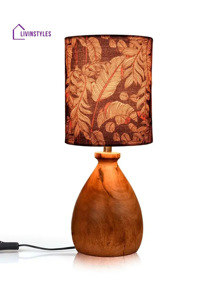 Wooden Dome Table Lamp Blue Leaves Shade