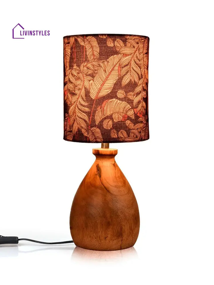 Wooden Dome Table Lamp Blue Leaves Shade