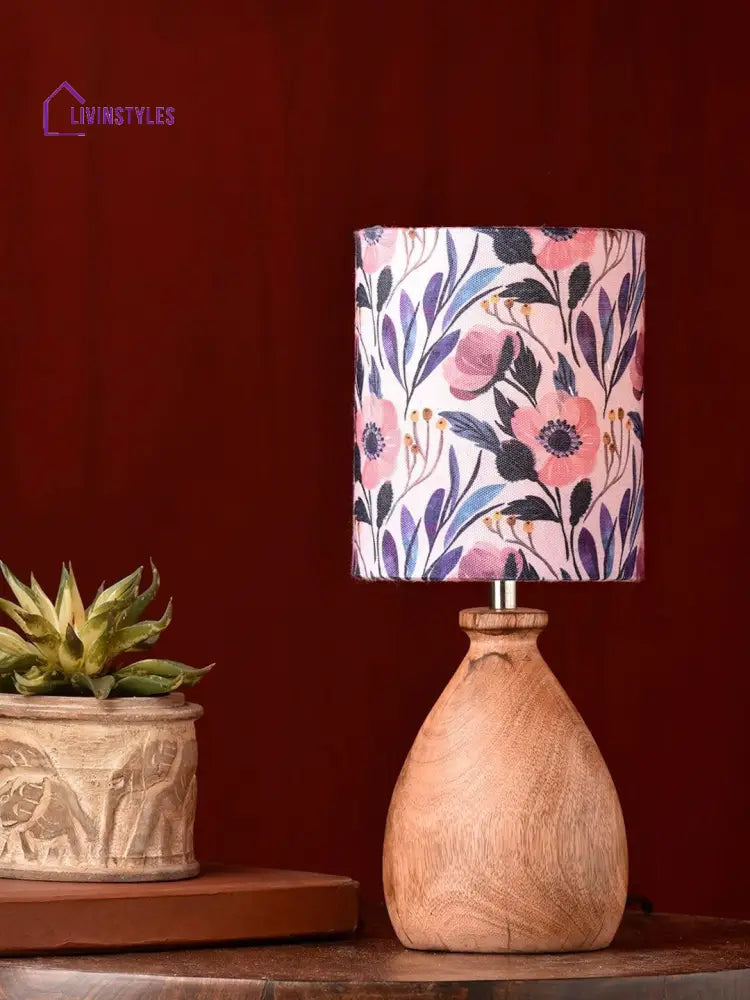 Wooden Dome Table Lamp Pink Floral Shade