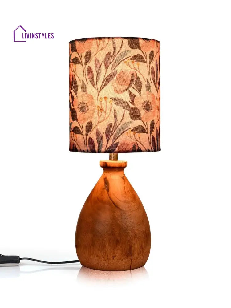 Wooden Dome Table Lamp Pink Floral Shade