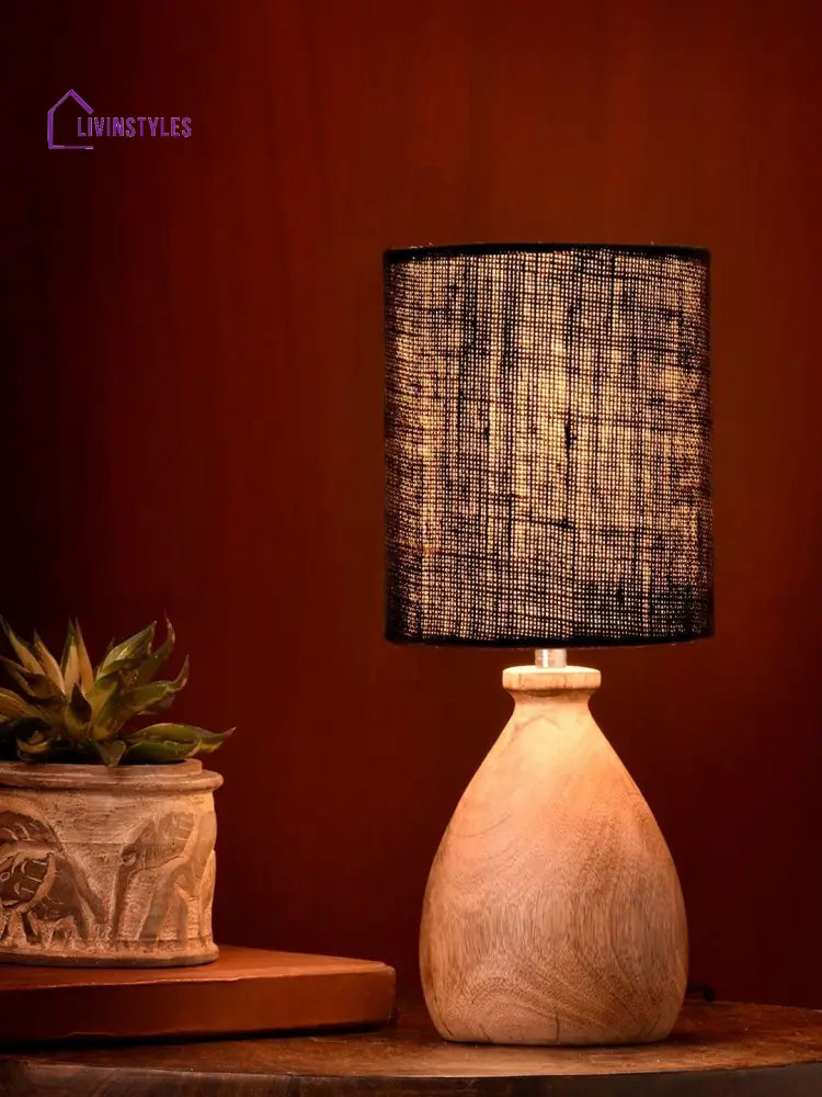 Wooden Dome Table Lamp With Jute Black Shade