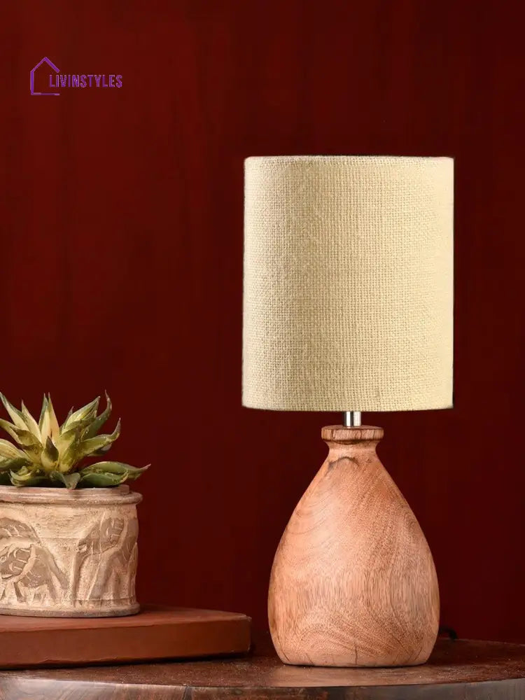 Wooden Dome Table Lamp With Jute White Shade