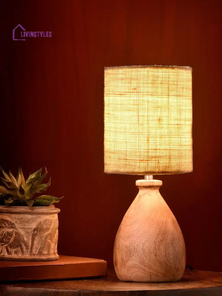 Wooden Dome Table Lamp With Jute White Shade