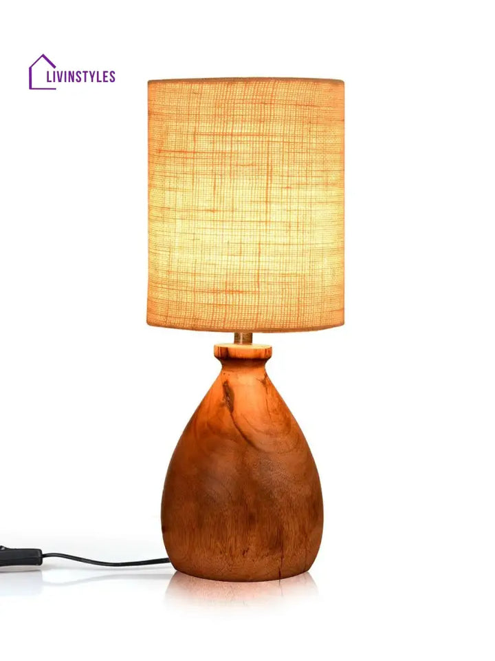 Wooden Dome Table Lamp With Jute White Shade