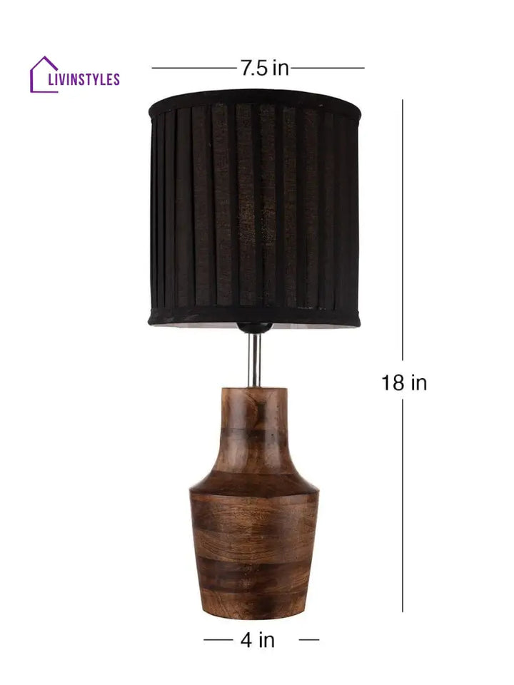 Wooden Firkin Lamp With Pleeted Cotton Black Shade