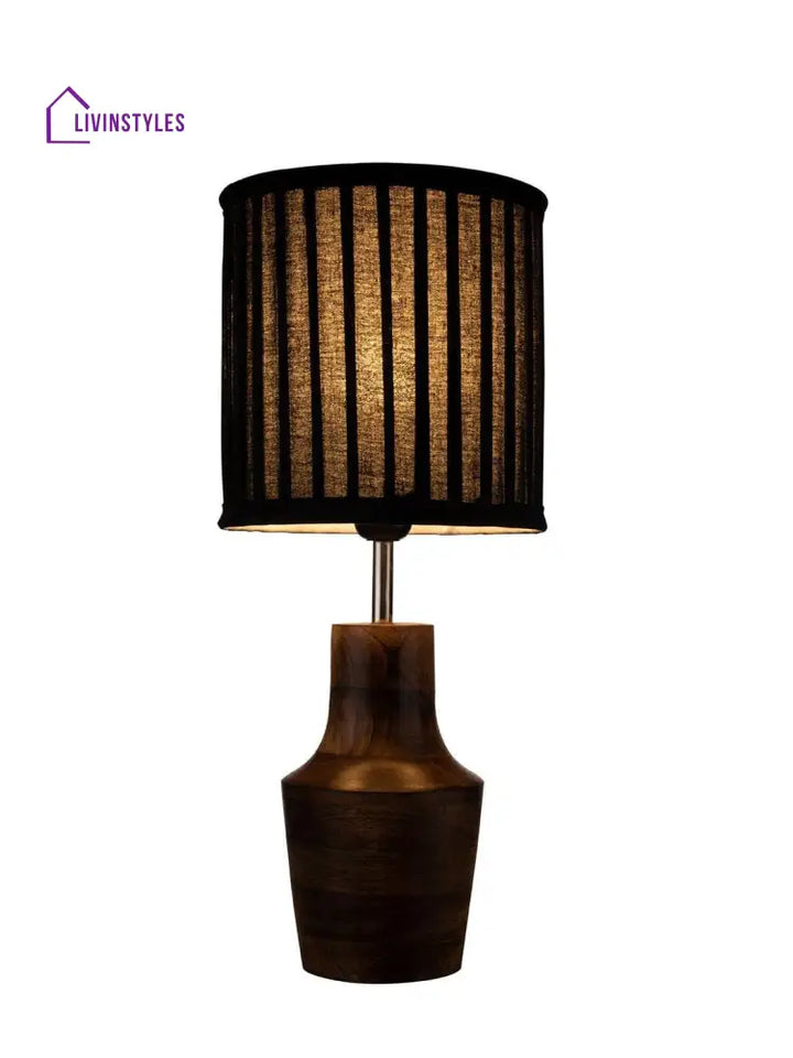 Wooden Firkin Lamp With Pleeted Cotton Black Shade