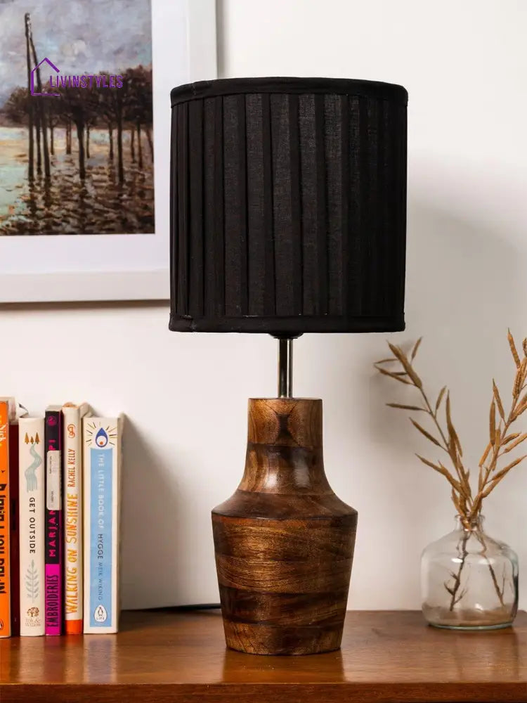 Wooden Firkin Lamp With Pleeted Cotton Black Shade