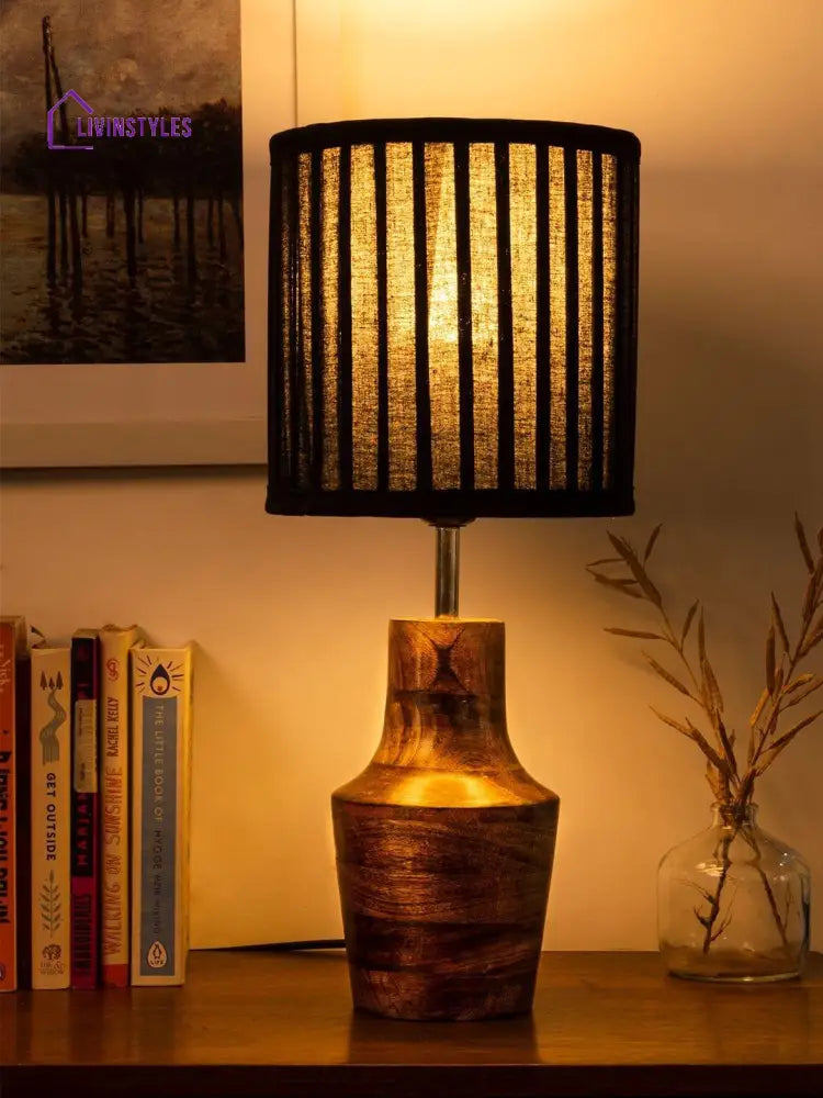 Wooden Firkin Lamp With Pleeted Cotton Black Shade