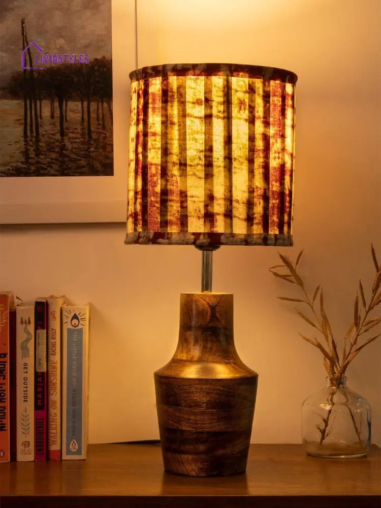 Wooden Firkin Lamp With Pleeted Cotton White Shade