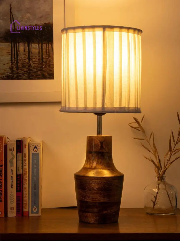 Wooden Firkin Lamp With Pleeted Cotton White Shade