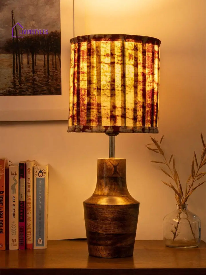 Wooden Firkin Lamp With Pleeted Multicolor Maroon Shade