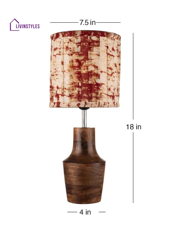 Wooden Firkin Lamp With Pleeted Multicolor Maroon Shade